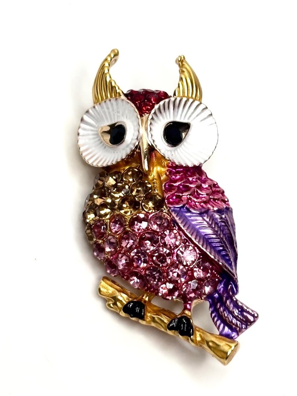 Gold Tone Enamel Rhinestone Owl Brooch